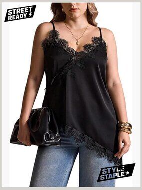 Plus Size Lace Cami Top Satin Silk Tank Casual Summer Outfits V-Neck